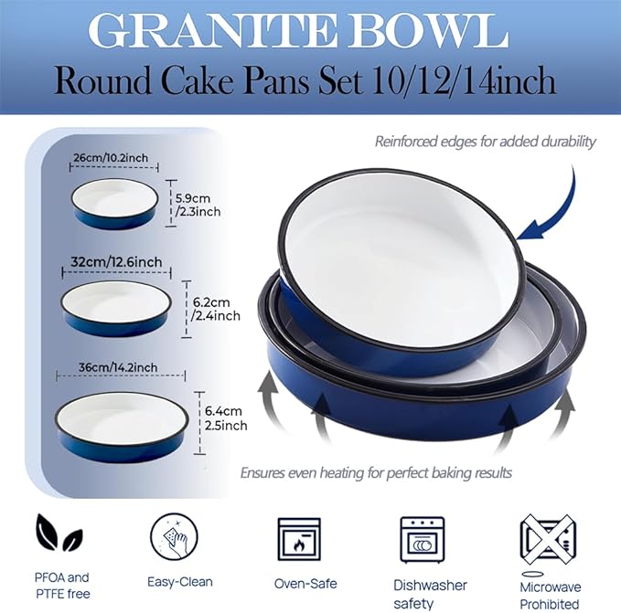 3Pack Enamel Baking Pans Round large Roasting Pan 10/12/14inch Deep Cake Pan Pizza Turkey Cookies-Oven & Dishwasher Safe (500°F) Casseroles Desserts Thanksgiving Holiday Gifts