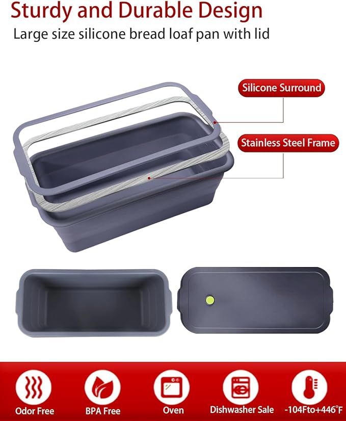 Large size foldable silicone bread loaf pan with lid,11x4.7 Inch easy to store non stick Bread Baking Pans,Sourdough Bread Pan with Baking Tool Supplies Kit for Homemade Bread, Cake