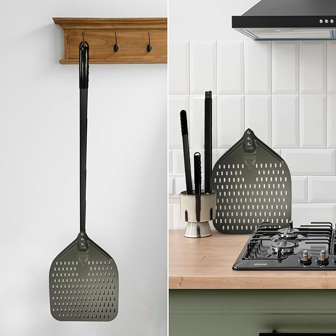 Perforated Pizza Peel - 12"x15" Anodized Aluminum Pizza Steel, 32" Handle, 47" Overall Length - Ideal Pizza Turning Peel for Pizza Oven, Brick Oven, Baking Bread