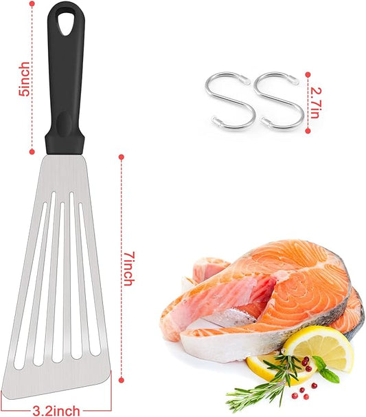 12.5In Fish Spatula, HaSteeL Stainless Steel Slotted Turner with Plastic Handle, Heavy Duty Metal Griddle Spatula for Grilling Cooking Baking Flipping Frying, Dishwasher Safe & Beveled Edge - 2Pcs