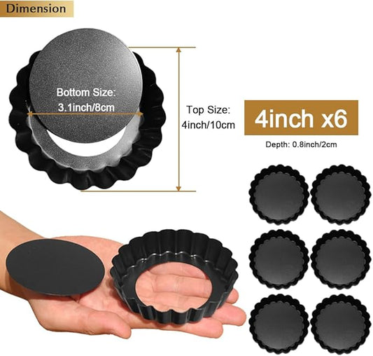 6 Pack Mini Tart Pans 4 Inch with Removable Bottom Round Non-stick Deep Quiche Pan, Heavy Duty Fluted Side for Pies, Egg Tart Molds for Baking, Mousse Cakes, Fruit and Desserts (4 Inch 6pcs)