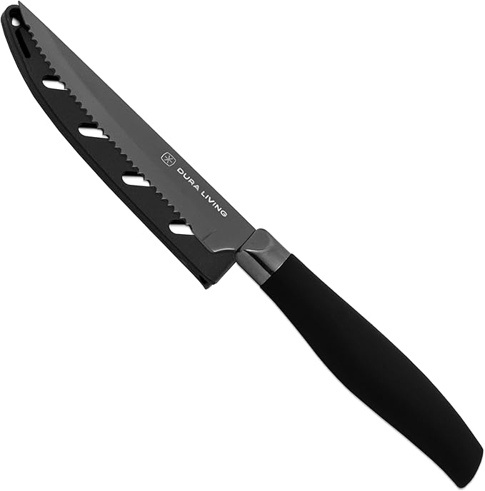 Steak Knives, Steak Knives Set of 4, Nonstick Titanium High Carbon Stainless Steel Serrated Steak Knife, Soft Grip Handle, With Sheaths, Black Knife Set