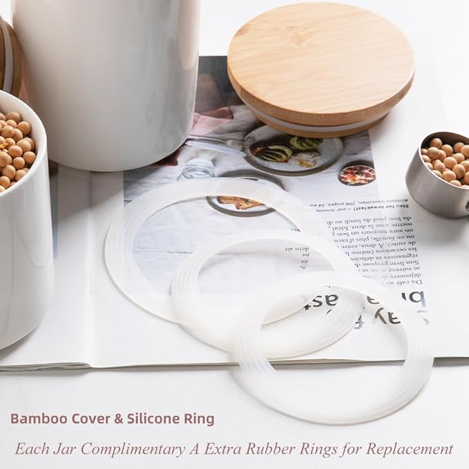 Sweejar Ceramic canisters for kitchen counter,Stackable Food Containers Set with Airtight Seal Bamboo Lid for Serving Ground Coffee, Tea, Spice, Flour and Sugar-Set of 3 (Black)