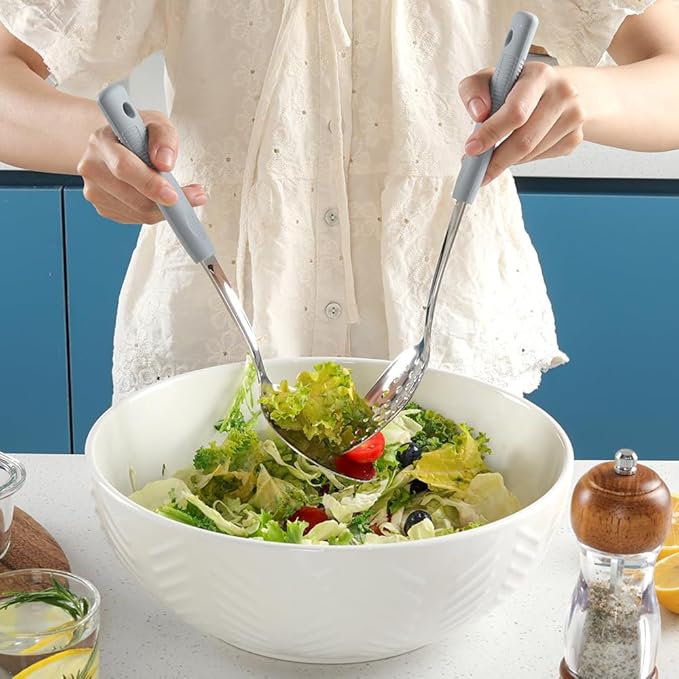 2-Piece,Stainless Steel Serving spoons set with Slotted Spoon.Serving Spoon and Perforated Spoon, kitchen cooking serving utensils set cooking spoon-grey