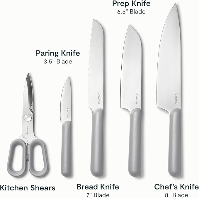 Caraway 14-Piece Kitchen Prep Set - Kitchen Knife Set & Wooden Utensil Set - Made With Premium German Steel Blades & FSC-Certified Birch Wood - Non-Toxic Materials - Includes Organizer - Grey