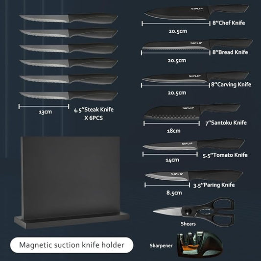 Kitchen knife set with Magnetic knife holder, 15 pieces high carbon stainless steel sharp kitchen knife set including chef's knife, bread knife, serrated steak knife set