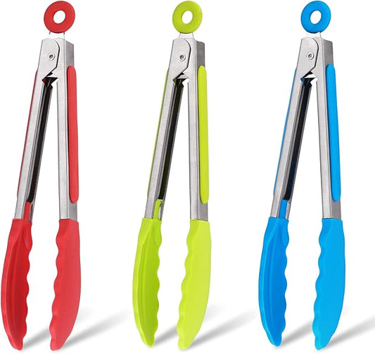 Small Tongs For Cooking,7 inch Kitchen Mini Tongs with Silicone Tips Great for Air Fryer Cooking Serving Tong Set of 3 Turning Appetizers,Veggies,Salad,Grilling,Frying,Food tong (Red Blue Green)