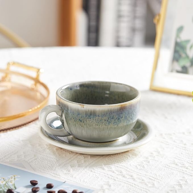 Vintage Design 12 oz Ceramic Latte Art Cappuccino Barista Cup with Saucer (Space Grey)