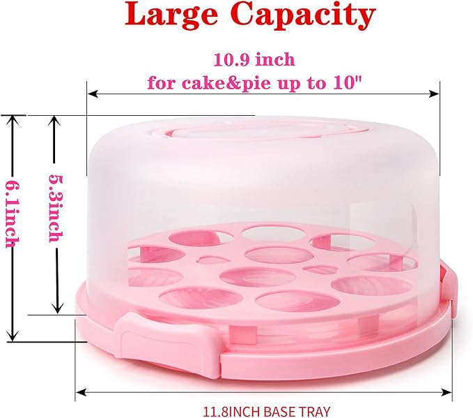 Portable Cake Carrier with Handle, Round Cupcake Holder with Lid, Plastic Storage Container Box fit 10 inch Cake, 3-Locking Muffin and Pies Keeper with Cover (Pink)