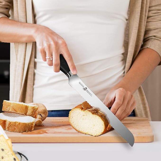 TUO Bread Knife, 9 inch Serrated Knife for Slicing Homemade Sourdough Bread,German HC Steel,Easy Grip Pakkawood Handle, Gift Box, Fiery Phoenix Series - Black