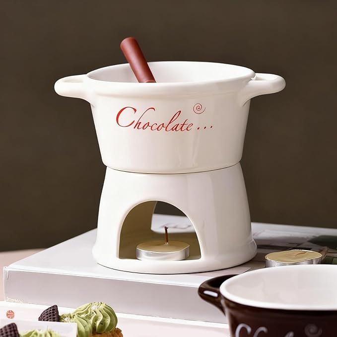 Chocolate Fondue Mug - 330 ml Ceramic Chocolate Melting Cup | Ceramic Personal Fondue Coffee Mug Warmer with Fork | Handmade Melting Butter Warmer for Appetizer Dessert Cheese (White)