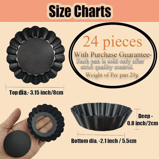 DATANYA 24Packs Mini Tart Pans 3 Inch with Removable Botttom, Carbon Steel Fluted Tart Tin Shell Mold Round Nonstick 3'' Quiche Pans for Pies, Mousse Cakes, Dessert Baking