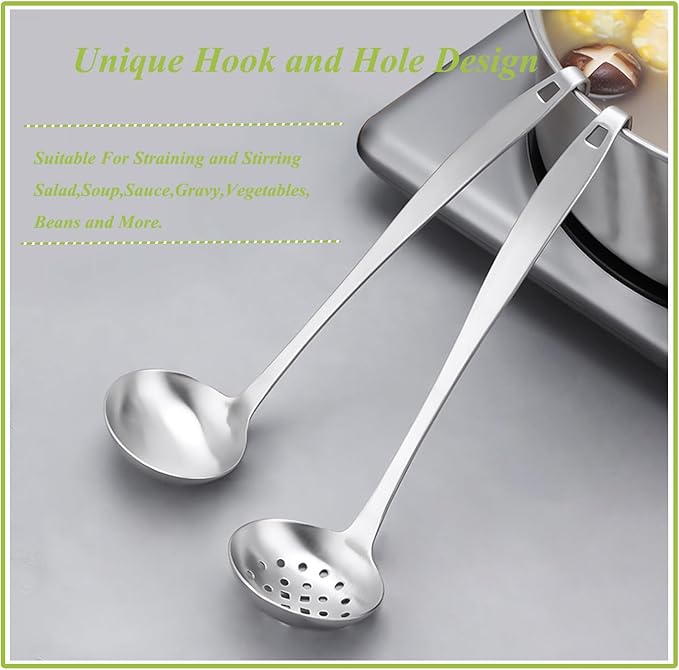 Stainless Steel Soup Ladle,Serving Ladle Scoop And Slotted Spoon Set Of 2 with Hook and Hole for Easy Hanging,Cooking Utensils Set for Kitchen