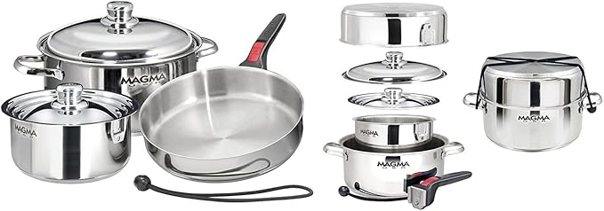 Magma 7 Piece Gourmet Nesting Stainless Steel Cookware Set, Induction Compatible, Oven Safe to 500°F - Suitable for All Stovetops, Removable Handles, Black