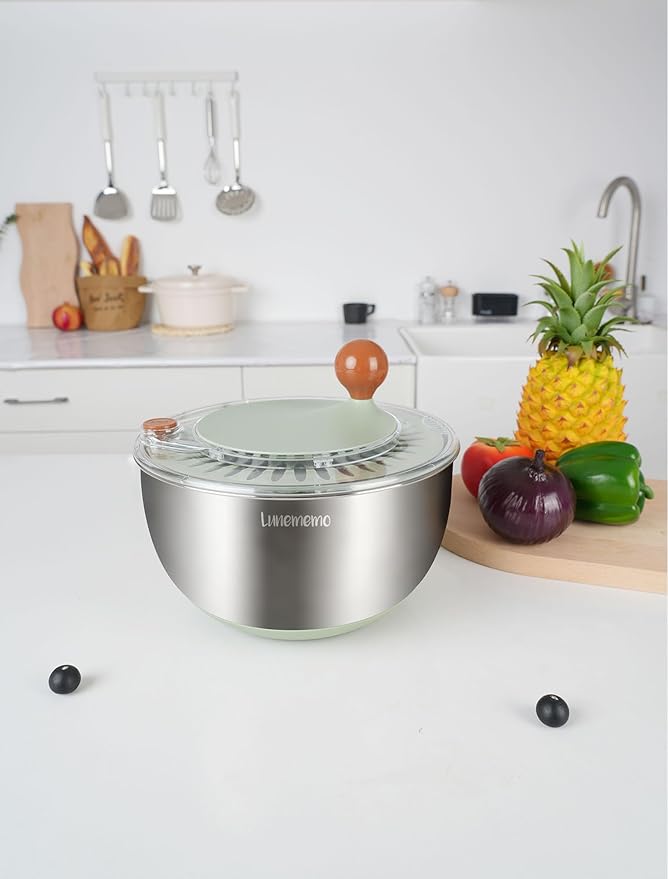 Stainless Steel Salad Spinner, Lettuce Spinner with Drain, Non-Slip Base, Stop Button, Vegetable Dryer, BPA Free, 5.3 Qt