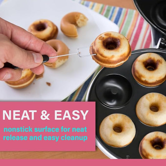Courant Mini Donut Maker Machine for Holiday, Kid-Friendly, Breakfast or Snack, Desserts & More with Non-stick Surface, Makes 7 Doughnuts, Red