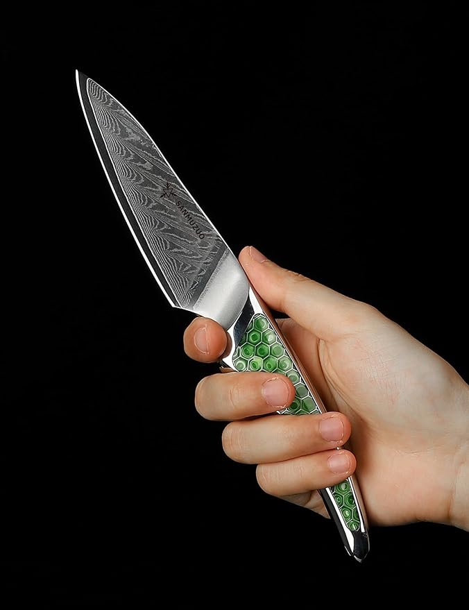 3.5 inch Paring Knife, Japanese VG-10 Damascus Steel Kitchen Knife, Ultra Sharp Fruit Knife with Full-tang Handle in Green Resin, LA-S9 Series