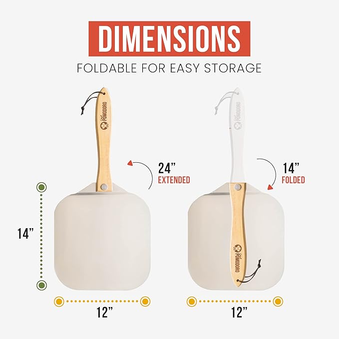 Chef Pomodoro Aluminum Metal Pizza Peel with Foldable Wood Handle for Easy Storage, Pizza Spatula, Gourmet Luxury Pizza Paddle for Baking Homemade Pizza Bread (12 inch)