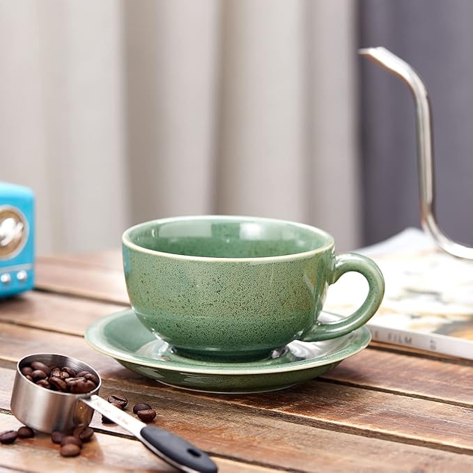 Vintage Design 12 oz Ceramic Latte Art Cappuccino Barista Cup with Saucer (Green)