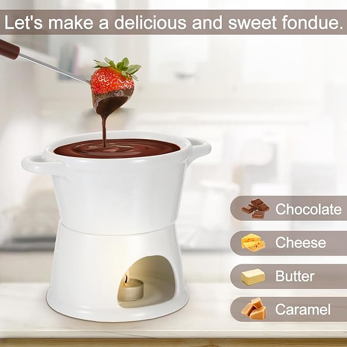 300ML Ceramic Butter Warmer Set with 2 Forks, White Fondue Pot Melting Pot Set, Melt Hot Pot Bowl Set for Cheese Chocolate Butter Caramel