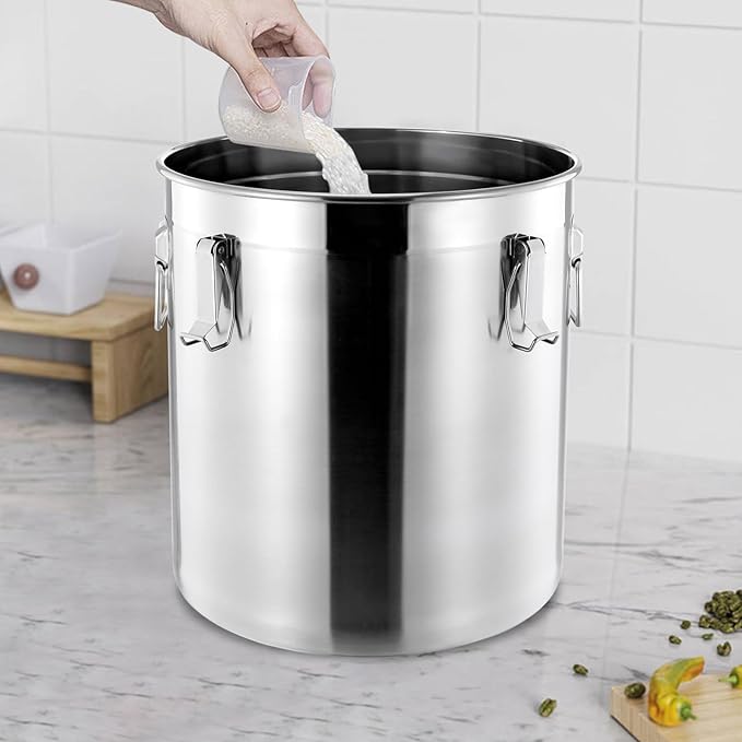304 Stainless Steel Storage Containers with Lid, 48L/12.68gal Airtight Canister with Locking Clamps Multi-Purpose Kitchen Storager Bucket Food Jar, for Rice Cereal Flour Coffee Beans Milk (48L)