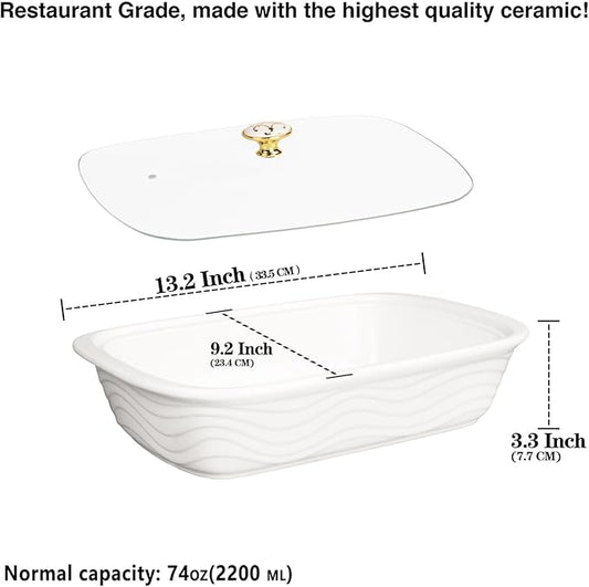 12" x 8" Ceramic Casserole Baking Dish With Glass cover, Lasagna Pan Deep for Oven, 2.2 Quarts Baking Pan with Handles, Oven Safe&Durable Bakeware for Home Decor