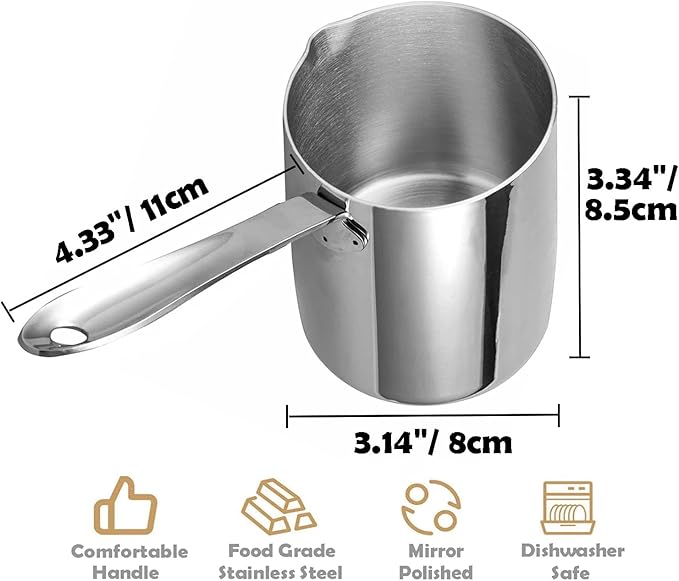 Coffee Milk Warmer Mini Butter Melting Pot Turkish Chocolate Sauce Pan Stainless Steel, 10oz/300ml Matching Gift Box