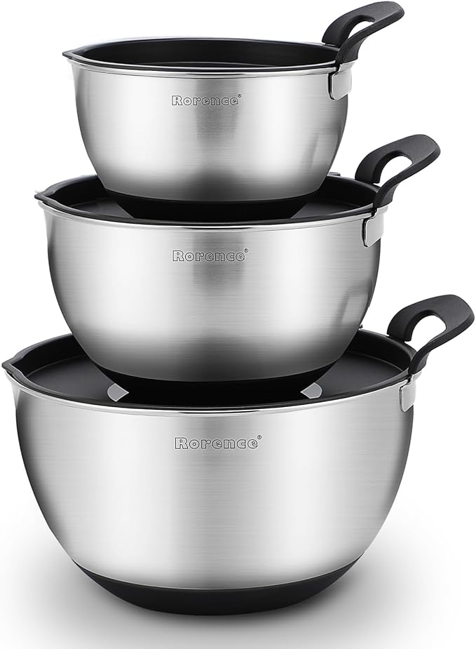 Rorence Stainless Steel Mixing Bowls: Stackable Mixing Bowl Set with Lids and Handles Non-slip Silicone Bottom Nesting Bowls for Kitchen Set of 3 - Black