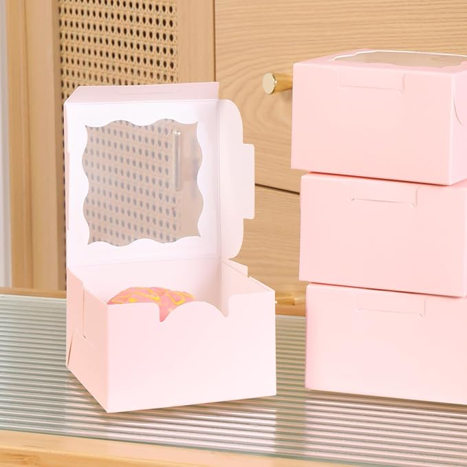 25pcs Pink Small Cake Box,4x4x2.5 Inch Bakery Boxes with Window,gift boxes bulk for Mini Cake Pastry Dessert Strawberries Chocolates Cupcakes with Stickers