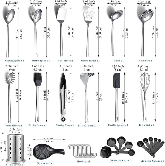 Stainless Steel Kitchen Utensils Set 40 Pieces, Cooking Utensil Set with Utensils Holder, Kitchen Gadgets Kitchen Essentials New Home, House, Appartment Must Have, Metal Spatula Set