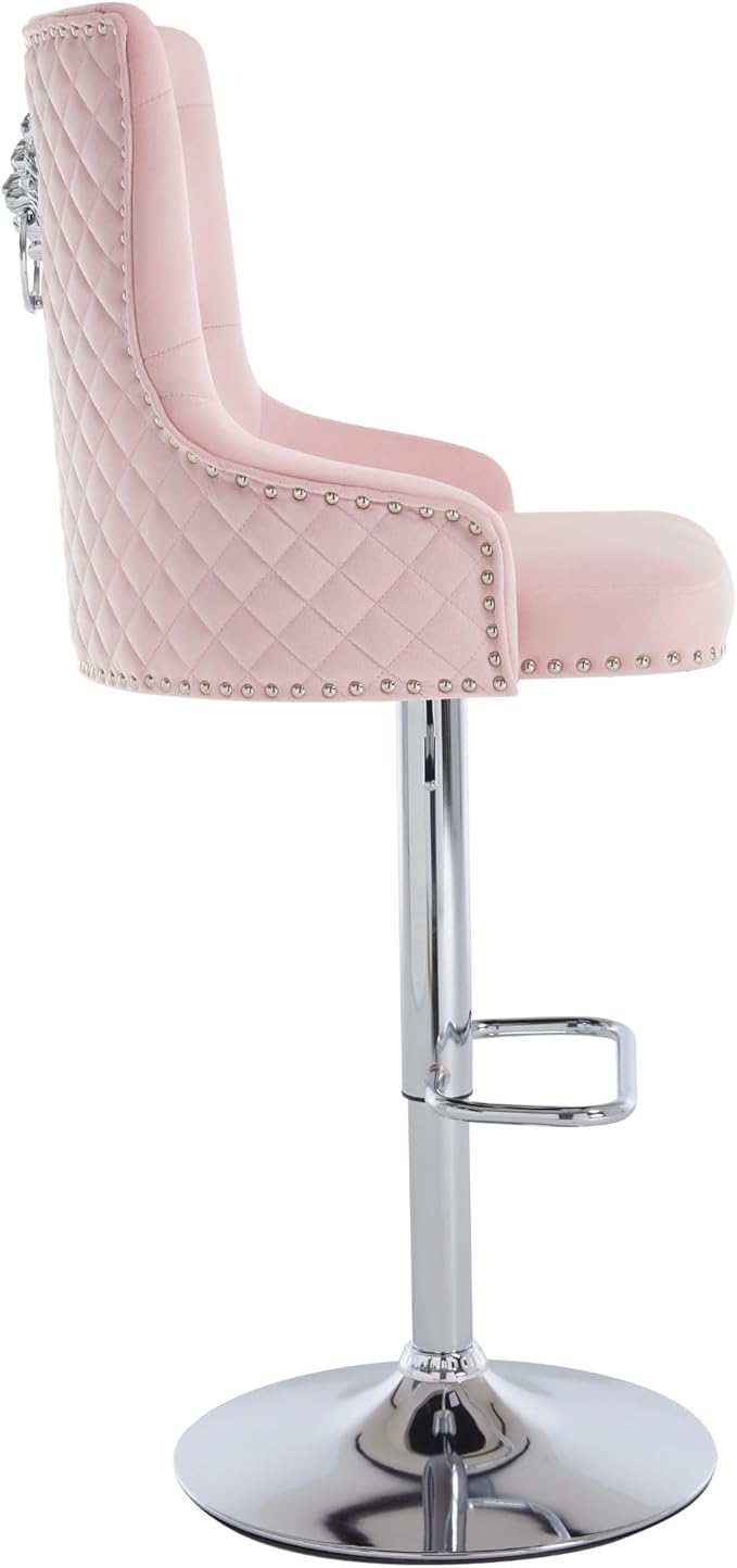 Velvet Lion Bar Stools Set of 4, Modern Height Adjustable Swivel Barstools with Chrome Base, Tufted Counter Height Bar Stools Upholstered Bar Chairs for Kitchen Island, Dining Room, Pink