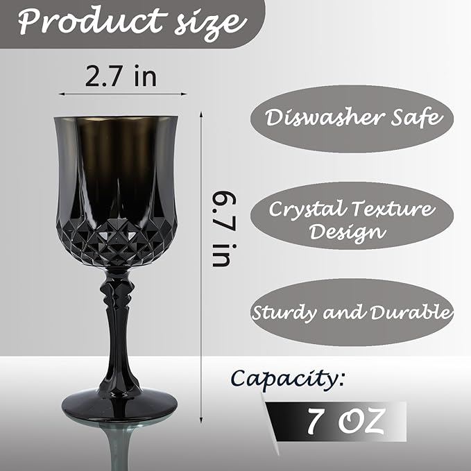 Plastic Wine Glasses,Plastic Goblets Vintage Style Cordial Drinking Glasses for Wedding Reception, Halloween Grand Event Party Supplies (24, Black)
