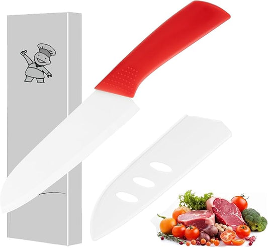 Ceramic Santoku Knife 7 Inch - High-Precision Blade for Meats, Fruits, and Vegetables - Durable Ceramic Blade with Protective Sheath - Red