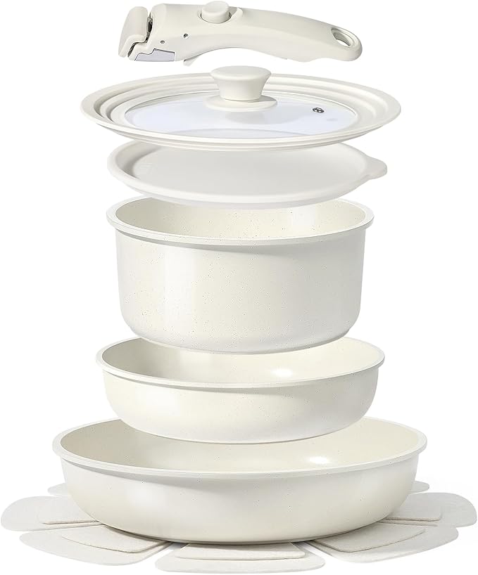 GiPP Ceramic Pots and Pans Set Non Stick, Nonstick Detachable Handle Cookware Sets, Healthy Non Toxic PFAS PFOA & PTFE Free, Dishwasher &Oven Safe, Induction Kitchen Pot and Pan, 8 Piece Cream