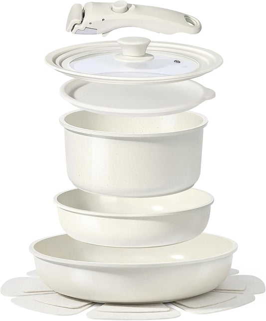 GiPP Ceramic Pots and Pans Set Non Stick, Nonstick Detachable Handle Cookware Sets, Healthy Non Toxic PFAS PFOA & PTFE Free, Dishwasher &Oven Safe, Induction Kitchen Pot and Pan, 8 Piece Cream
