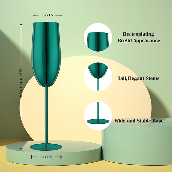 Champagne Glasses Set of 2 Stainless Steel Champagne Flutes Wedding Gifts for Bride 8.5 oz Unbreakable Champagne Glasses for Party Wedding Christmas Anniversary Brithday (Green)