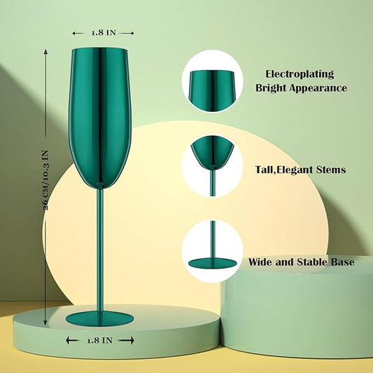 Champagne Glasses Set of 2 Stainless Steel Champagne Flutes Wedding Gifts for Bride 8.5 oz Unbreakable Champagne Glasses for Party Wedding Christmas Anniversary Brithday (Green)