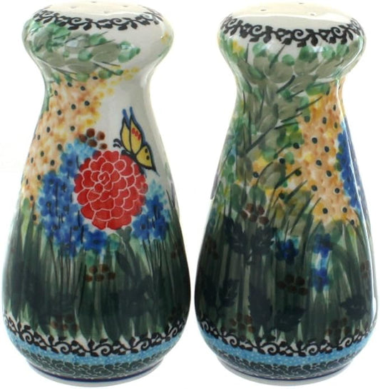Blue Rose Polish Pottery - Green Teresa Large Salt & Pepper Shakers - 6" Tall - Hand-Painted Ceramic Seasoning Set for Table & Kitchen