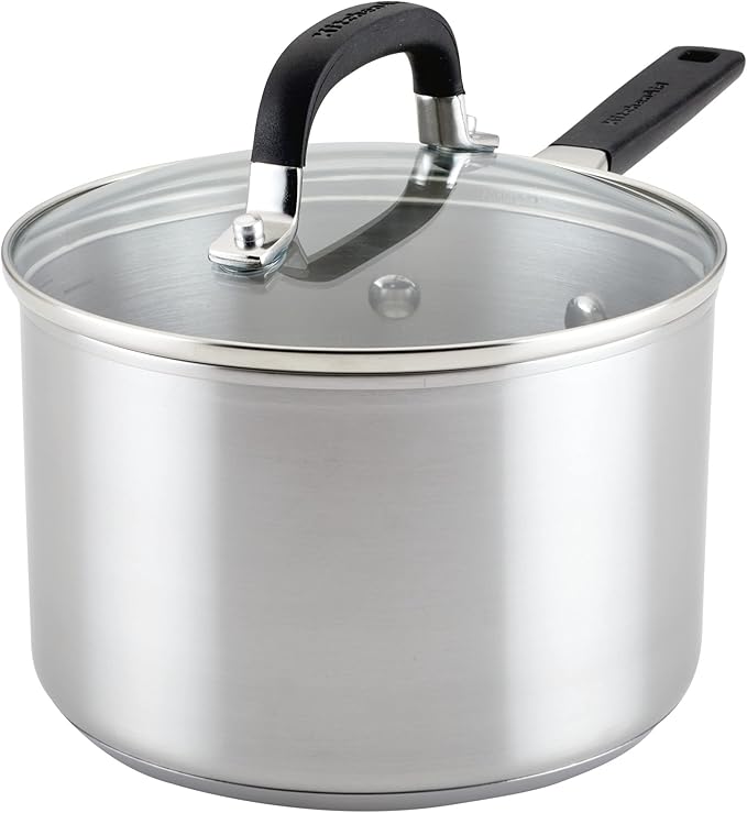 KitchenAid Stainless Steel Induction Saucepan with Lid, 3 Quart - Brushed Stainless Steel