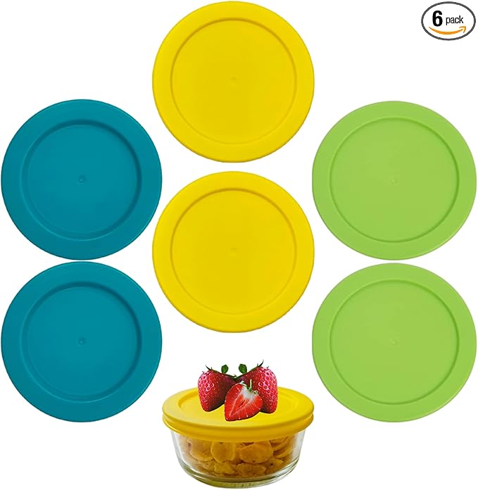 2 Cup/470 mL Turquoise/Yellow/Spring Green Replacement Lids/Covers for Pyrex 7200-PC, 16oz Anchor Hocking & KlareWare Storage Bowls *Lids Only Glass Container Not Included* (6 Pack, Turq/Y/Spring Grn)