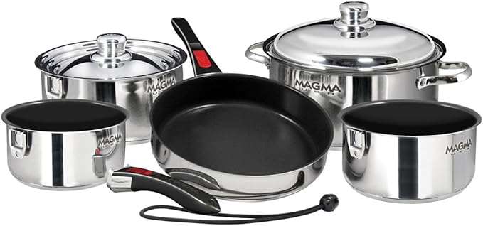 Magma Products, A10-366-2 Gourmet Nesting Stainless Steel Cookware Set, 10 Piece Ceramica Non-Stick