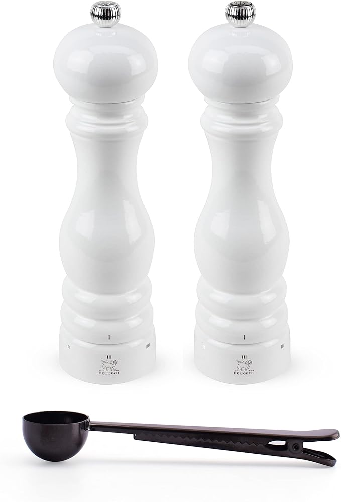 Peugeot Paris u'Select 6 Setting Manual Salt & Pepper Mill Set With Black Stainless Steel Spice Scoop Made In France (White Lacquered, 9- Inch)