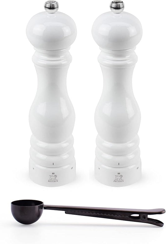 Peugeot Paris u'Select 6 Setting Manual Salt & Pepper Mill Set With Black Stainless Steel Spice Scoop Made In France (White Lacquered, 9- Inch)