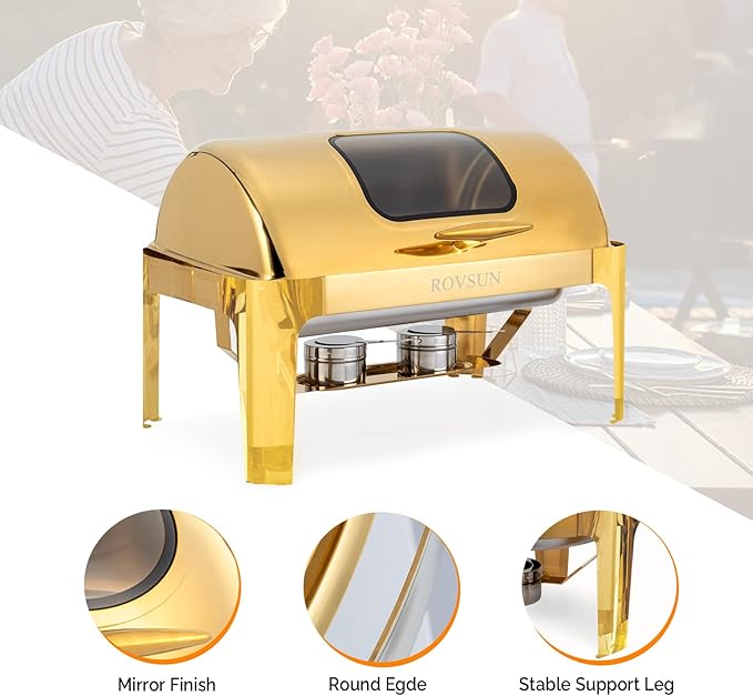 ROVSUN 9QT 2 Packs Roll Top Chafing Dish Buffet Set,Rectangular NSF Stainless Steel Buffet Warmer Chafers and Buffet Warmers Sets with Thick Frame for Catering Events Parties Weddings Dinners,Gold