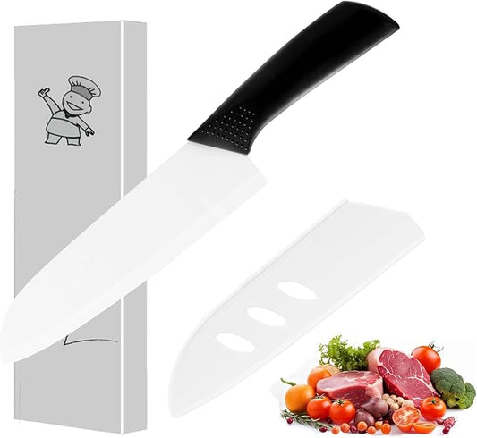 Ceramic Santoku Knife 7 Inch - High-Precision Blade for Meats, Fruits, and Vegetables - Durable with Protective Sheath - Black