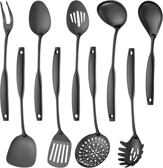 Lazycorner Kitchen Utensil Set 9-Piece Stainless Steel 304 Polished Mirror Finish Cooking Spoons, Slotted Spoon, Turner, Spatula, Pasta Spoon– Dishwasher Safe, Rust-Resistant