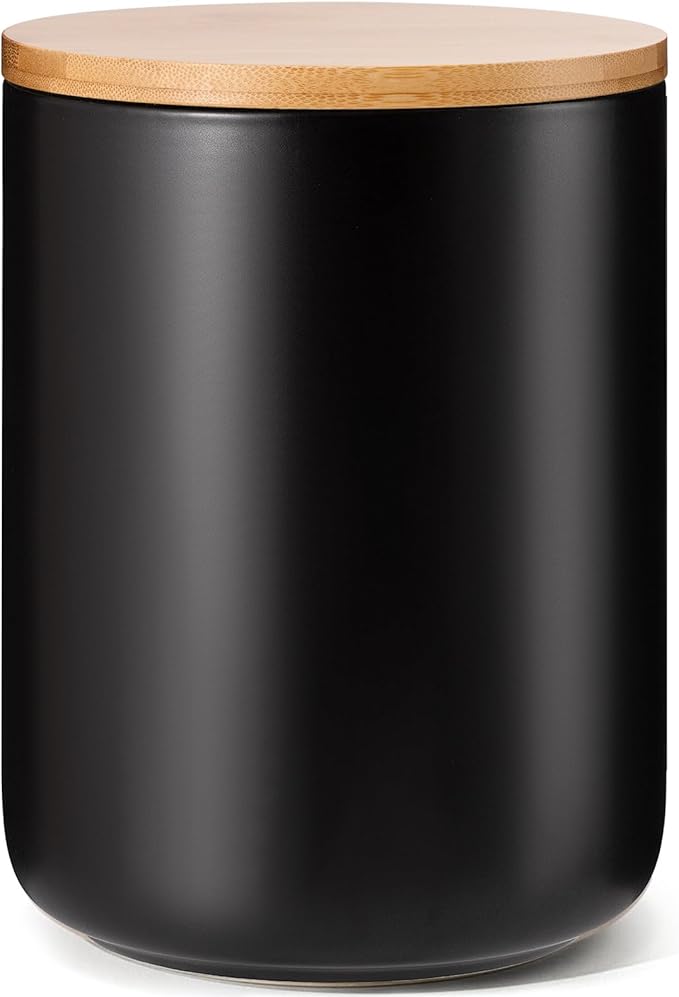 Yangbaga Black Canisters for Kitchen-Kitchen Canisters for Countertop with Airtight Wood Lids/Spoons/Stickers,Ceramic Kitchen Storage Containers for Large Flour,Suger,Coffee(84 OZ