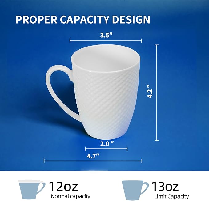 12 Oz Coffee Mugs Set of 6, Fine Bone China Mugs, White Ceramic Coffee Cups, Rhombus Relief Texture, Lightweight Tea Mugs for Latte, Hot Cocoa, Women, Men