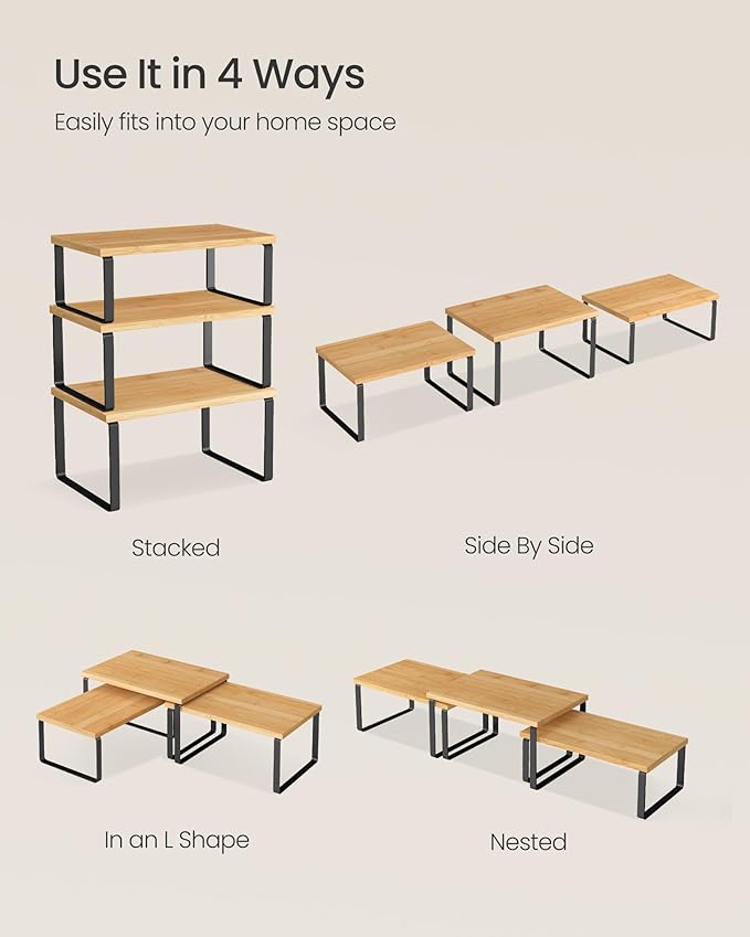 SONGMICS Cabinet Organizer Shelf, Set of 3 Kitchen Counter Shelves, Kitchen Storage, Spice Rack, Stackable, Expandable, Ink Black and Natural Beige UKCS014YL03