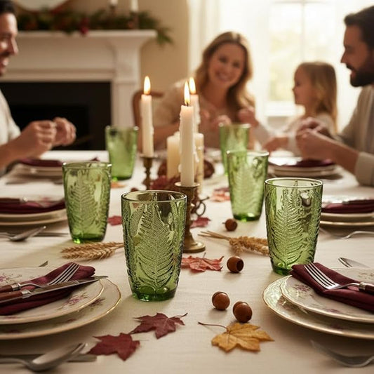 Green Drinking Glasses Set of 8 – 12 oz Hand-Blown Vintage Glass Cups, Boho Aesthetic Colored Glassware with Antique Charm, Textured Highball Water Tumblers, Unique Retro Drinkware Gift for Home